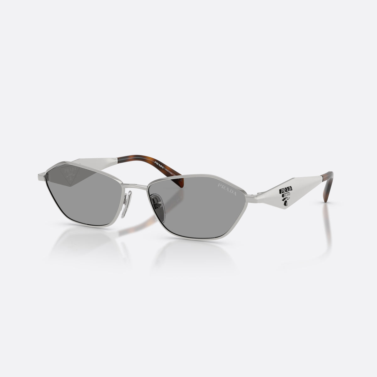 Prada PR D50S 1BC50Q sunglasses, silver irregular frame for women, plain metal bridge, brand logo on temples