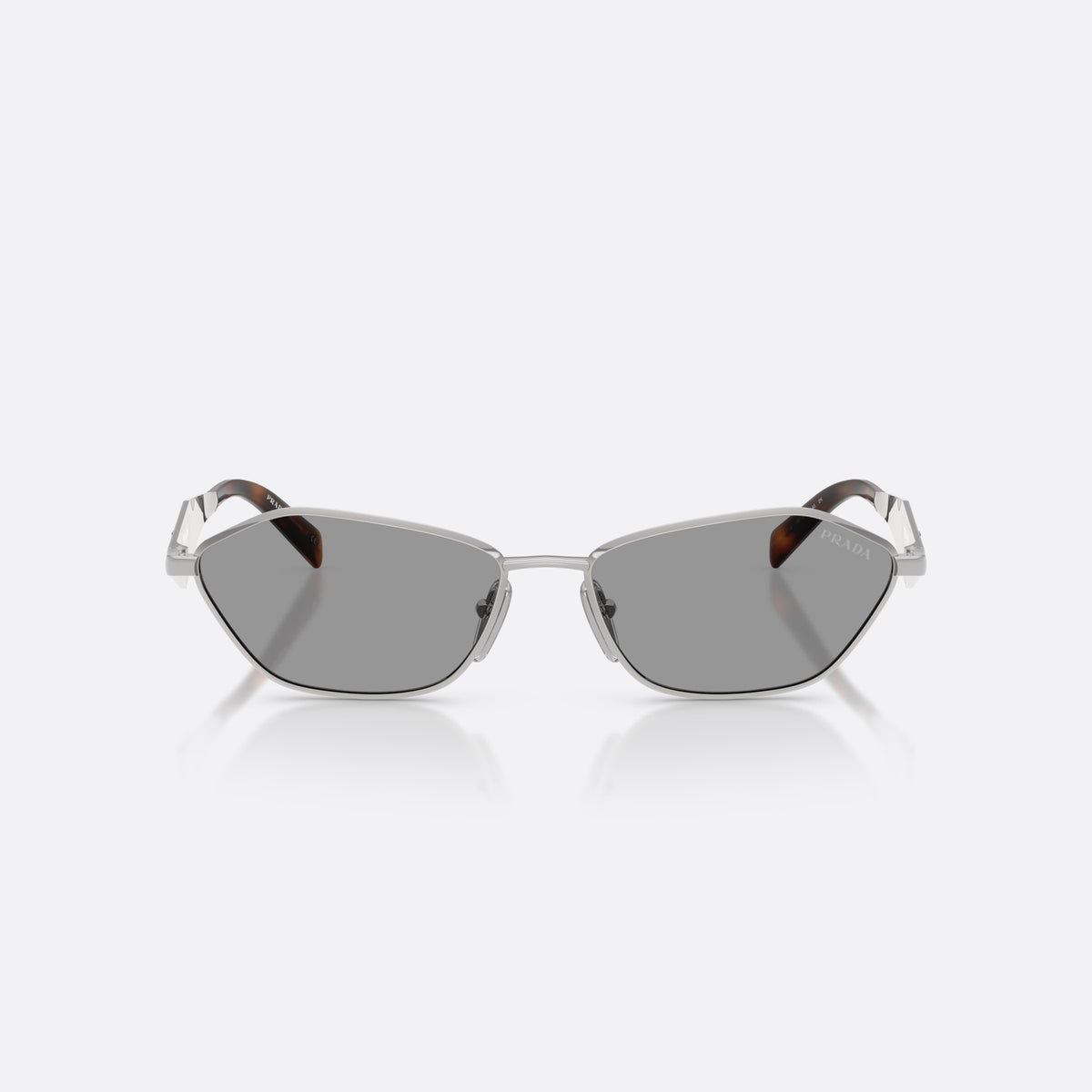 Prada PR D50S 1BC50Q sunglasses, silver irregular frame for women, plain metal bridge, brand logo on temples, front view