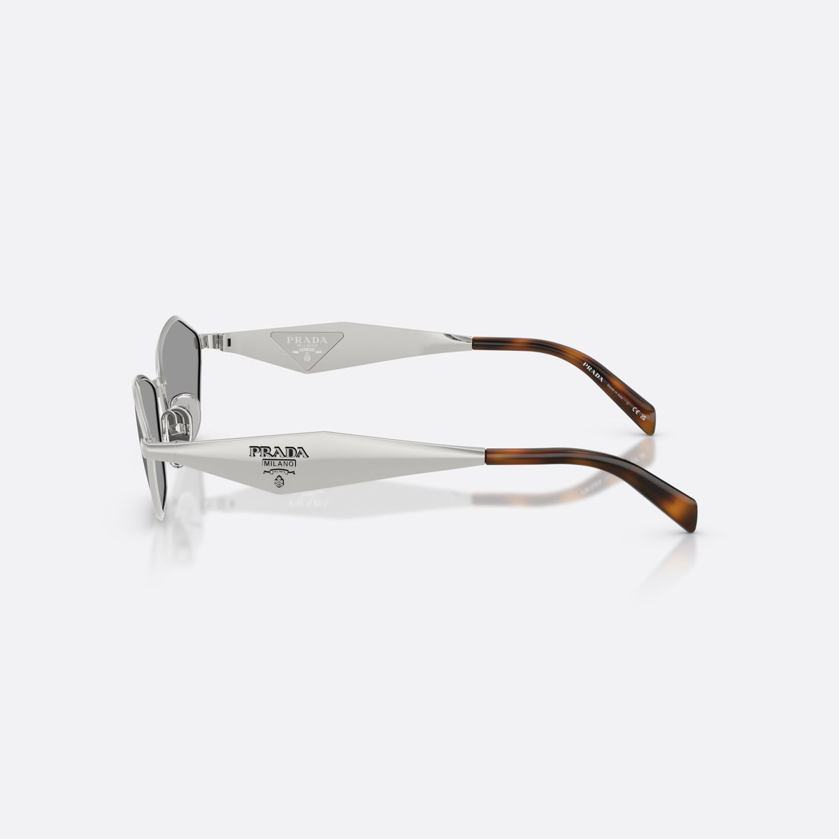 Prada PR D50S 1BC50Q sunglasses, silver irregular frame for women, plain metal bridge, brand logo on temples, side view