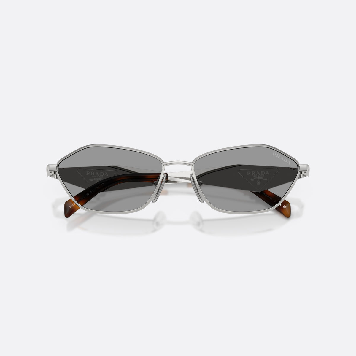 Prada PR D50S 1BC50Q sunglasses, silver irregular frame for women, plain metal bridge, brand logo on temples, folded
