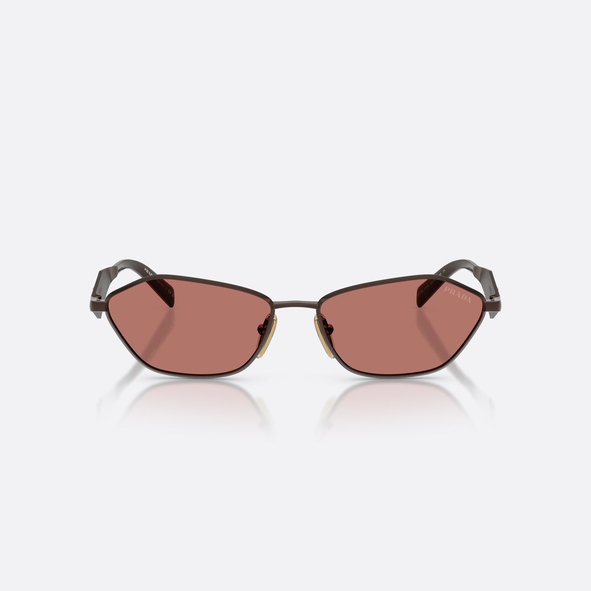 Prada PR D50S 22J80W sunglasses, brown irregular frame for women, plain metal bridge, brand lettering on temples, front view
