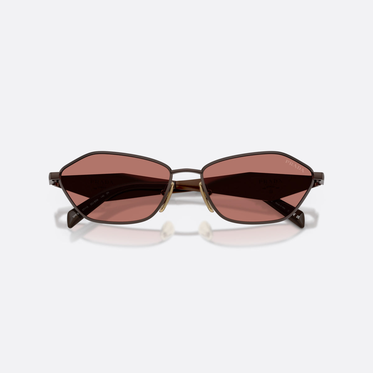 Prada PR D50S 22J80W sunglasses, brown irregular frame for women, plain metal bridge, brand lettering on temples, folded