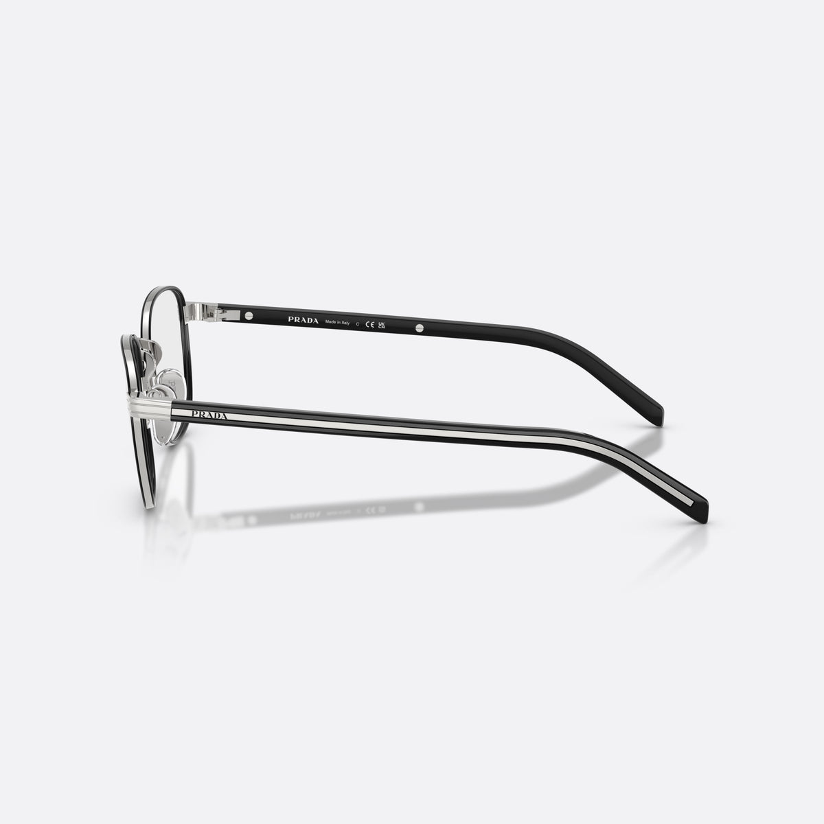 Rame ochelari de vedere Prada PR D50V 1BC1O1, phantos argintiu, pentru bărbați, punte metalică cu design simplu, literele brandului pe brațe, vedere laterală