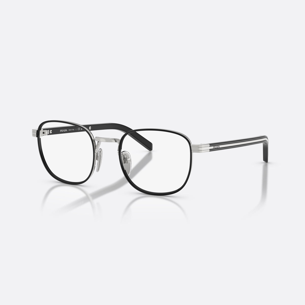 Prada PR D50V 1BC1O1 eyeglasses, silver phantos frame for men, metal bridge with silver-tone finish, clear lenses