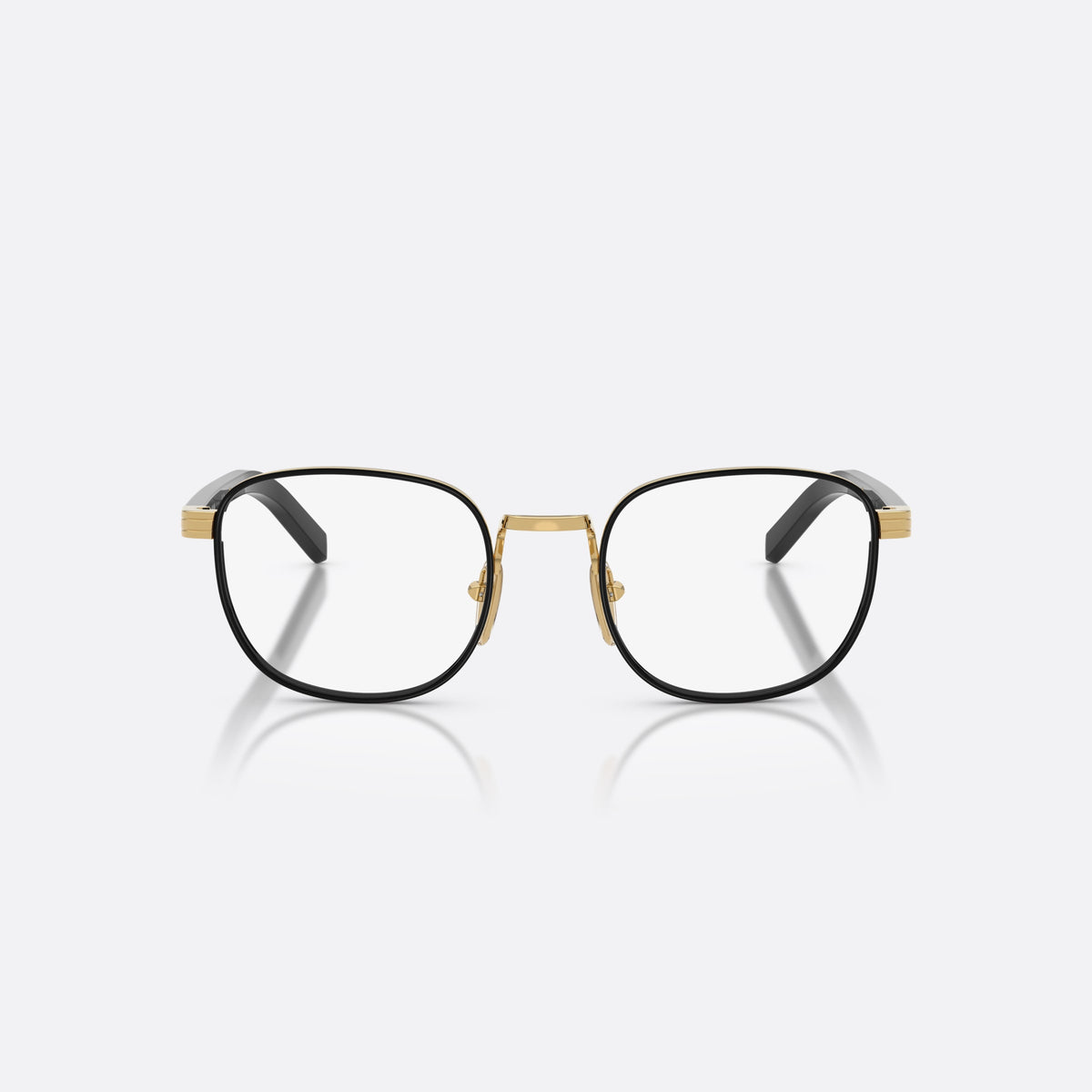 Prada PR D50V 5AK1O1 eyeglasses, black phantos frame for men, plain metal bridge, brand lettering on the temples, front view