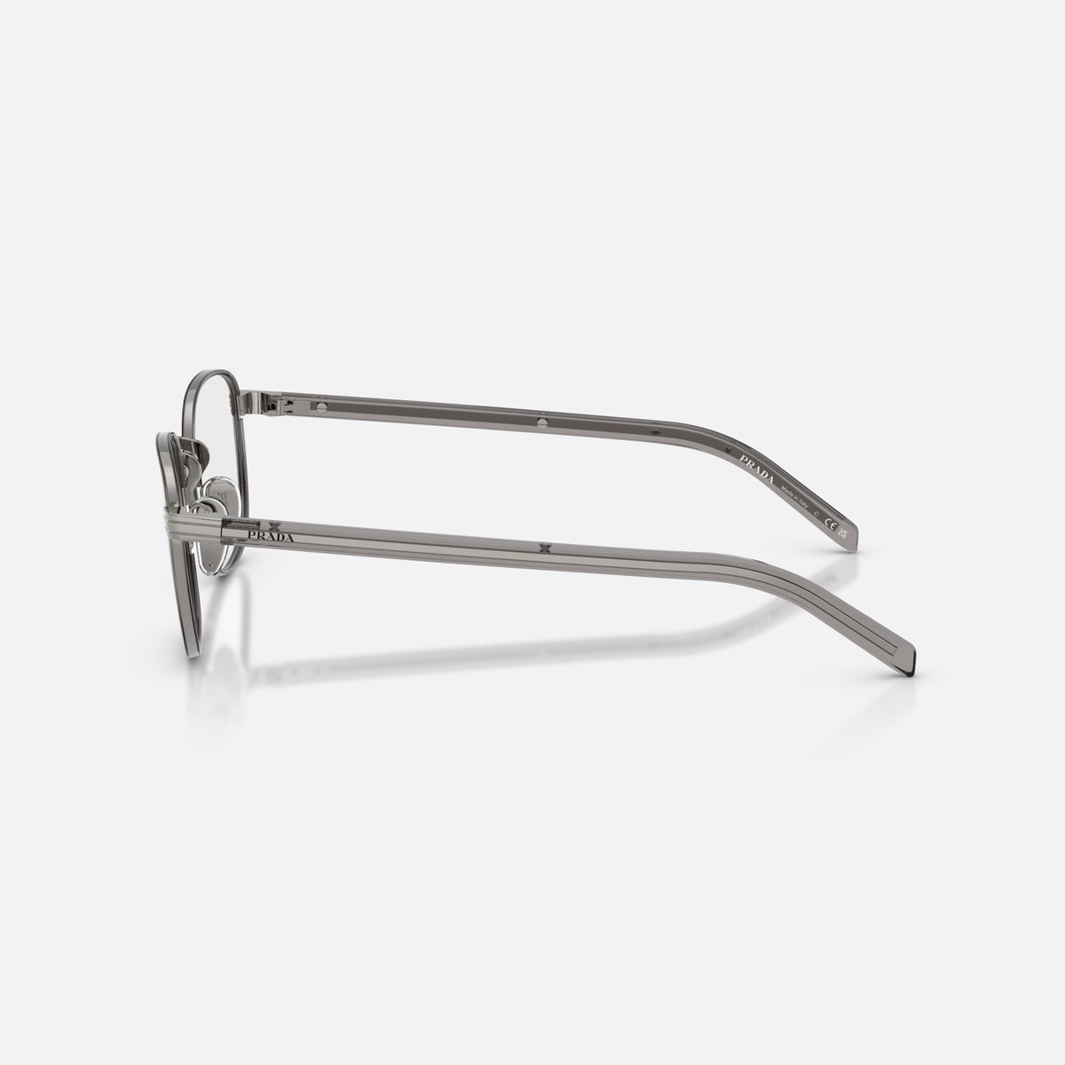 Prada PR D50V 5AV1O1 eyeglasses, grey phantos frame for men, metal saddle bridge, brand lettering on temples, side view