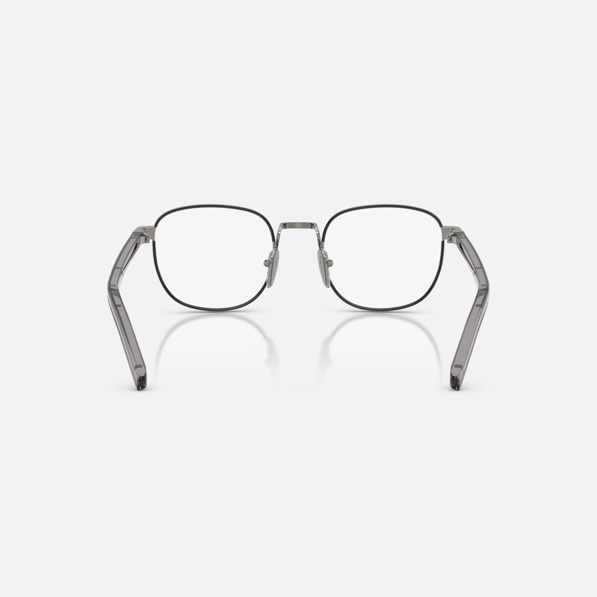 Prada PR D50V 5AV1O1 eyeglasses, grey phantos frame for men, metal saddle bridge, brand lettering on temples, back view