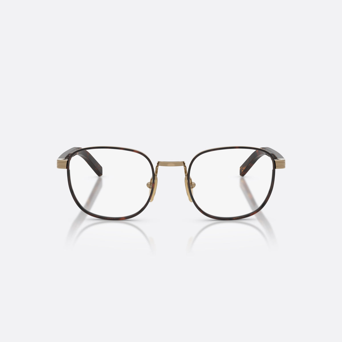 Prada PR D50V 7OE1O1 eyeglasses, gold phantos frame for men, metal saddle bridge, brand lettering on the temples, front view