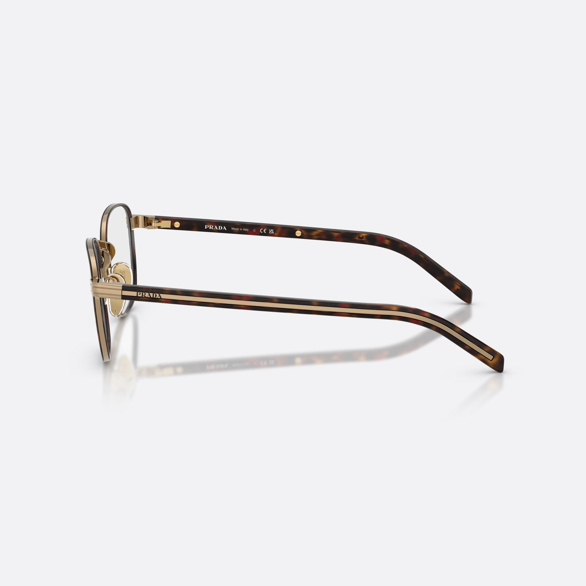 Prada PR D50V 7OE1O1 eyeglasses, gold phantos frame for men, metal saddle bridge, brand lettering on the temples, side view