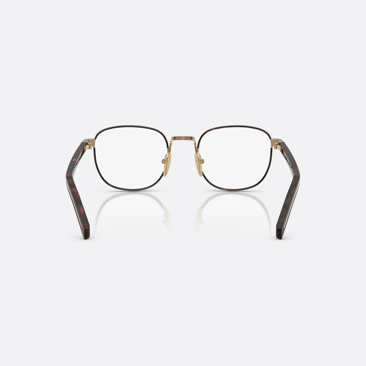 Prada PR D50V 7OE1O1 eyeglasses, gold phantos frame for men, metal saddle bridge, brand lettering on the temples, back view