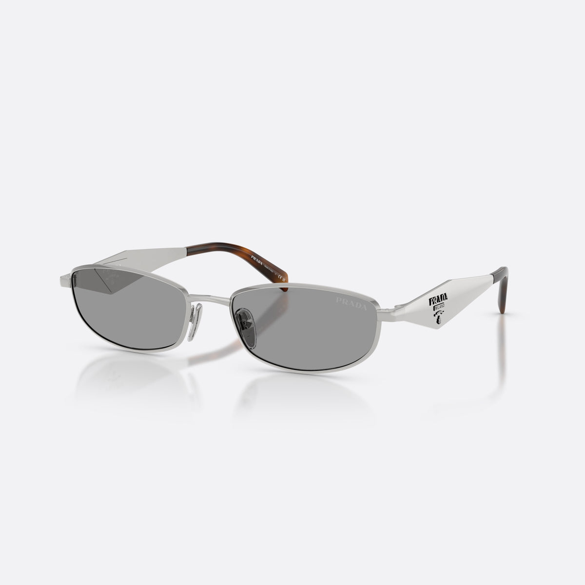 Prada PR D51S 1BC50Q sunglasses, silver oval frame for women, plain metal bridge, brand logo on temples