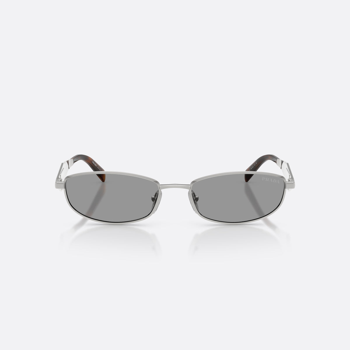 Prada PR D51S 1BC50Q sunglasses, silver oval frame for women, plain metal bridge, brand logo on temples, front view