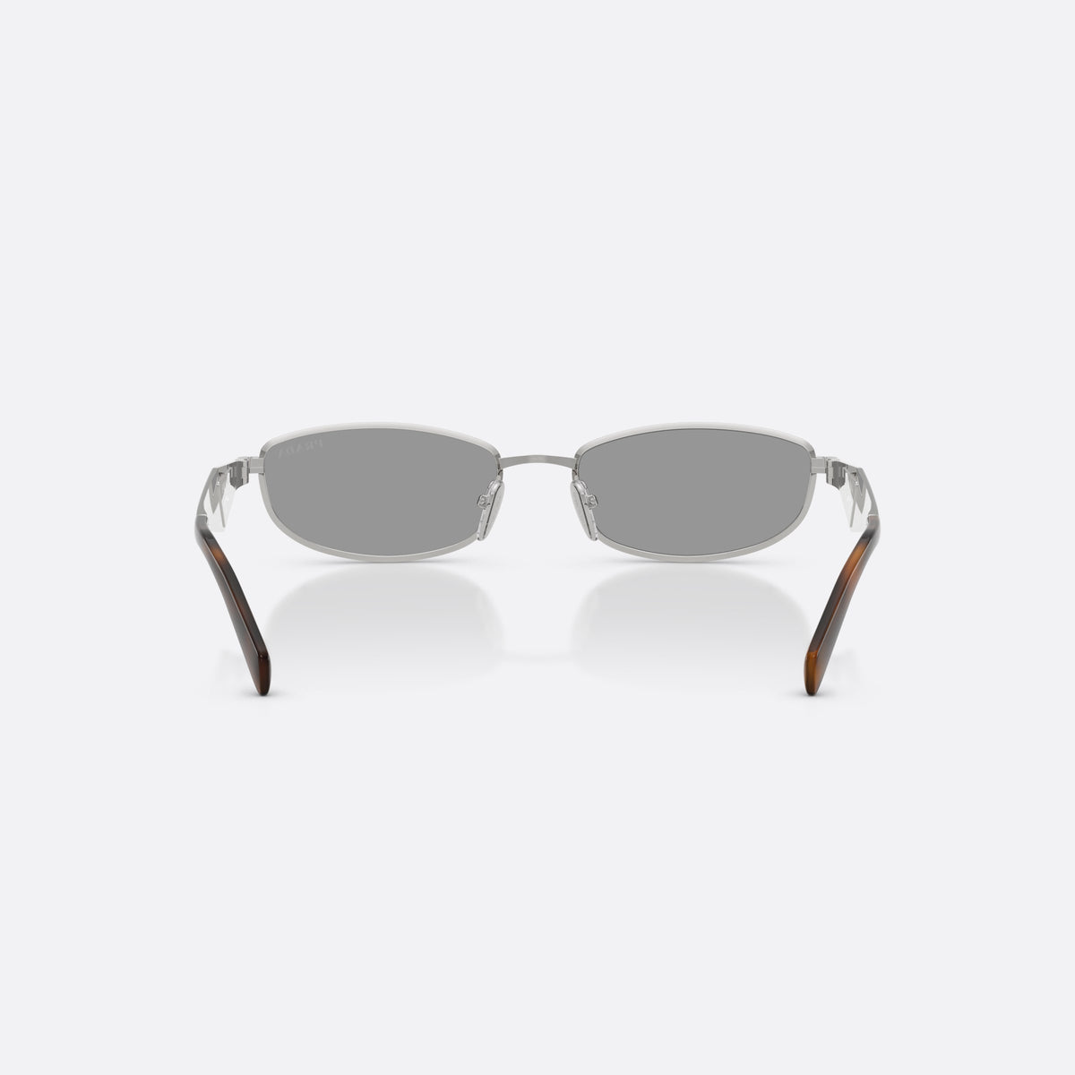 Prada PR D51S 1BC50Q sunglasses, silver oval frame for women, plain metal bridge, brand logo on temples, back view