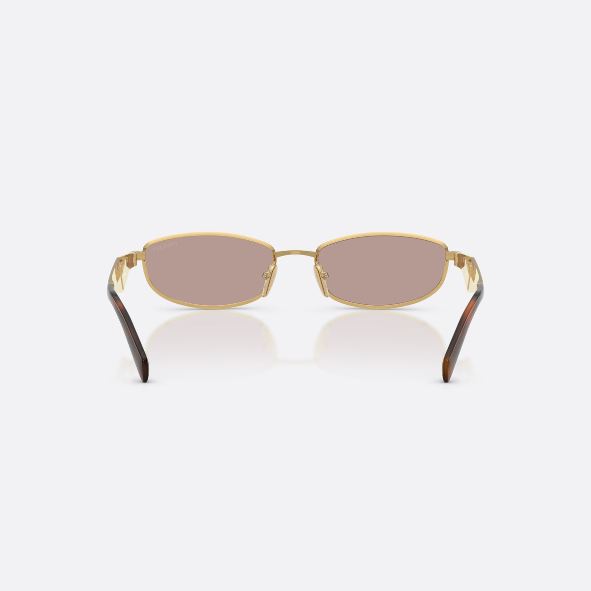 Ochelari de soare Prada PR D51S 5AK20I, ovali auriu, pentru femei, punte metalică simplă, literele brandului pe brațe, vedere din spate