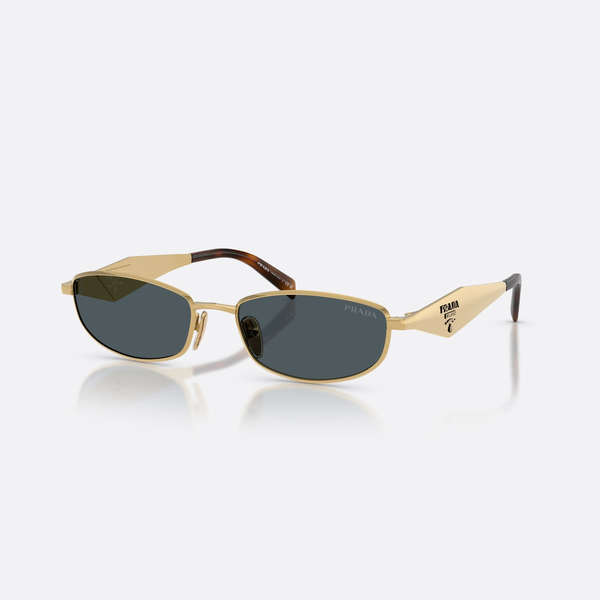 Prada PR D51S 5AK70B sunglasses, gold oval frame for women, plain metal bridge, brand logo on temples