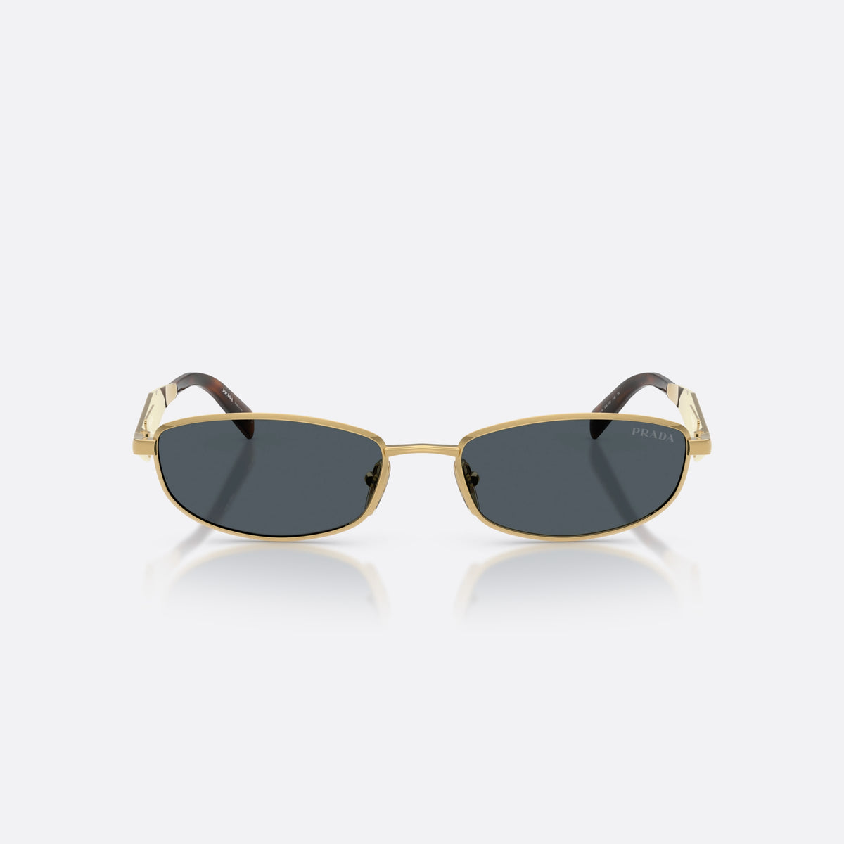 Prada PR D51S 5AK70B sunglasses, gold oval frame for women, plain metal bridge, brand logo on temples, front view
