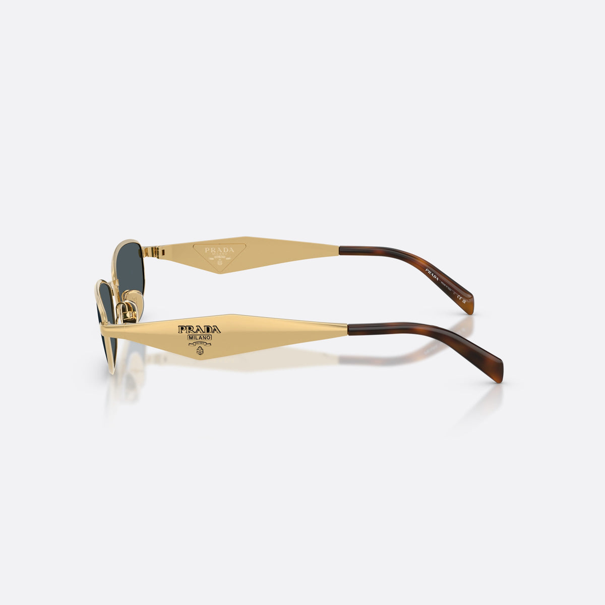 Prada PR D51S 5AK70B sunglasses, gold oval frame for women, plain metal bridge, brand logo on temples, side view
