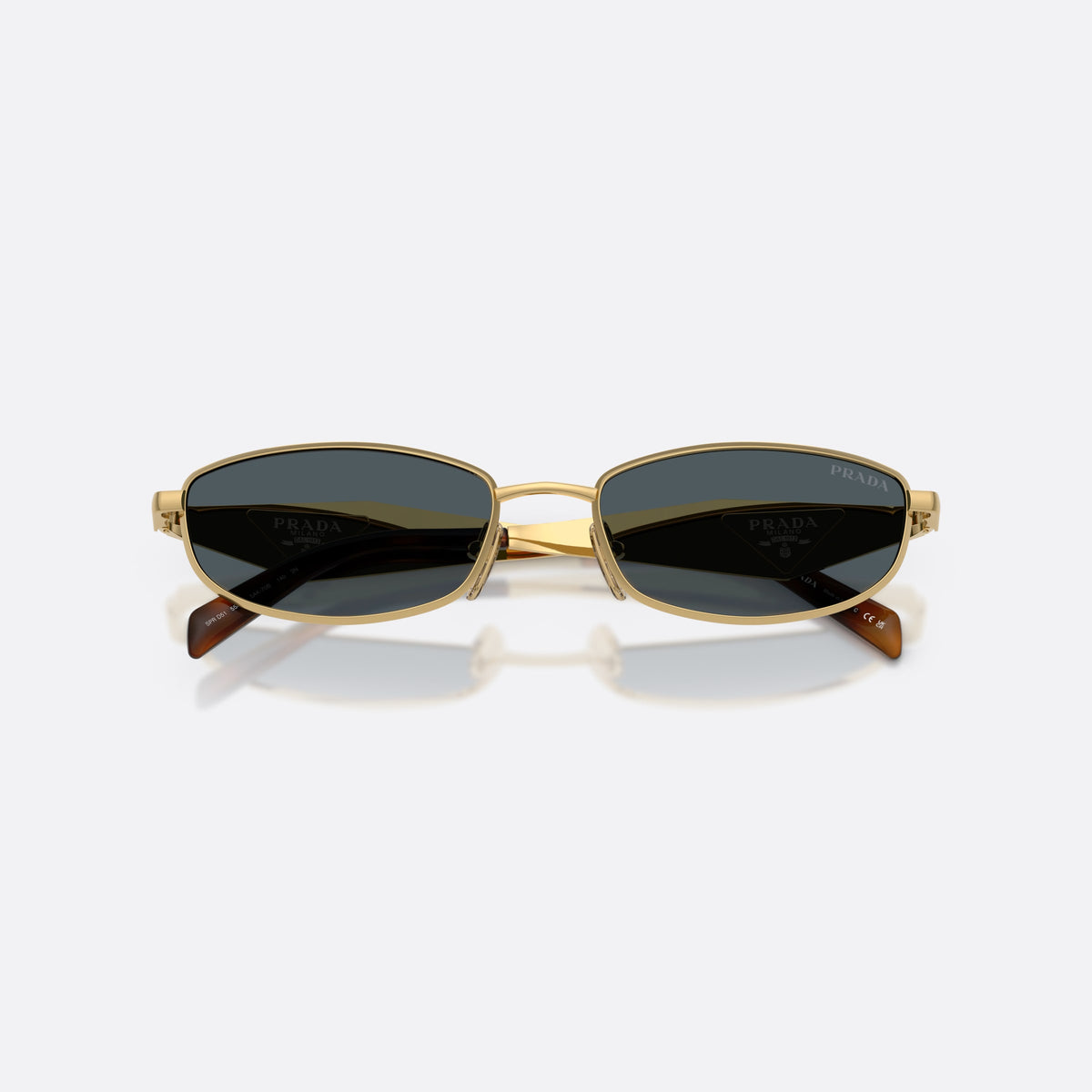 Prada PR D51S 5AK70B sunglasses, gold oval frame for women, plain metal bridge, brand logo on temples, folded
