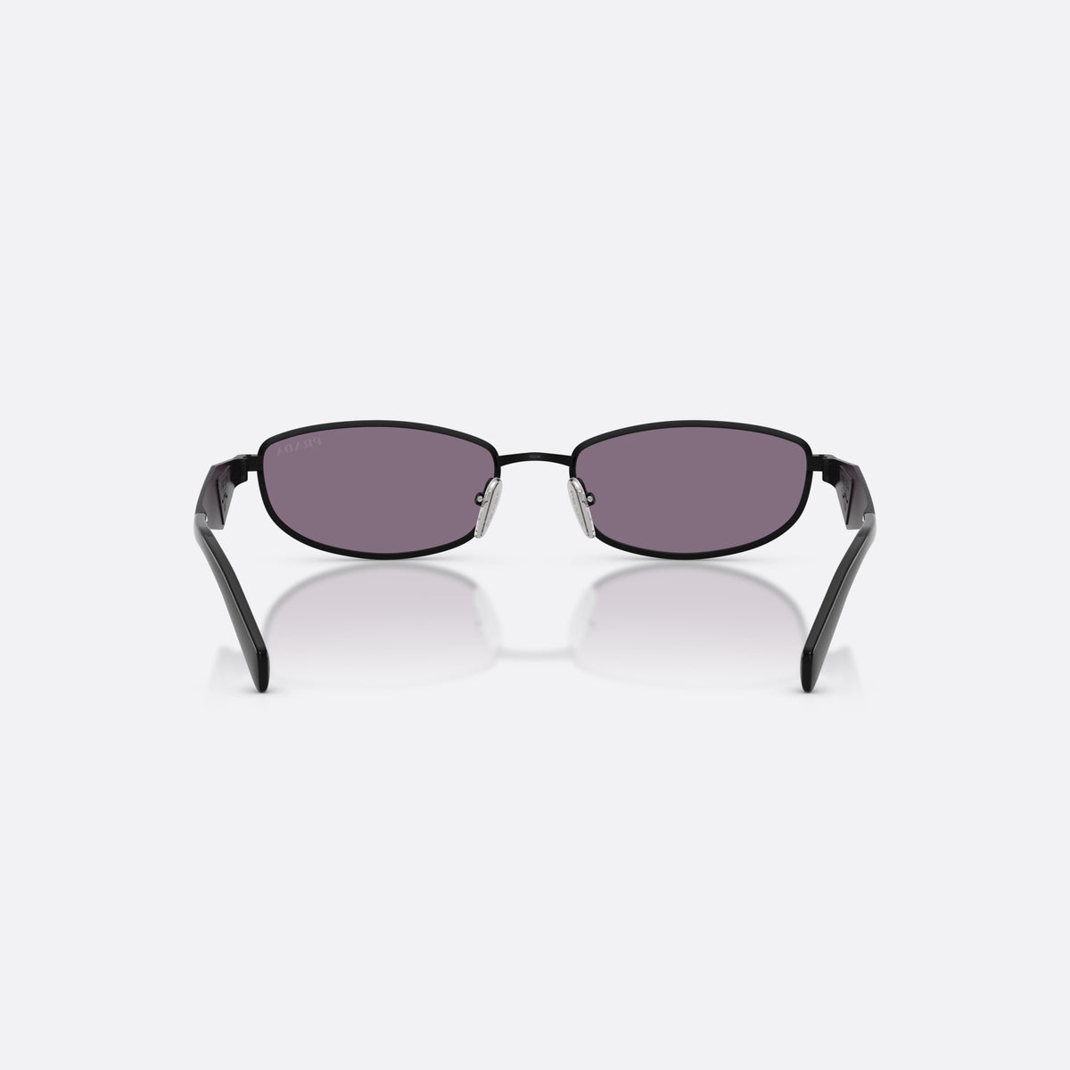 Prada PR D51S 7AB70W sunglasses, black oval frame for women, plain metal bridge, brand logo plaque on temple, back view