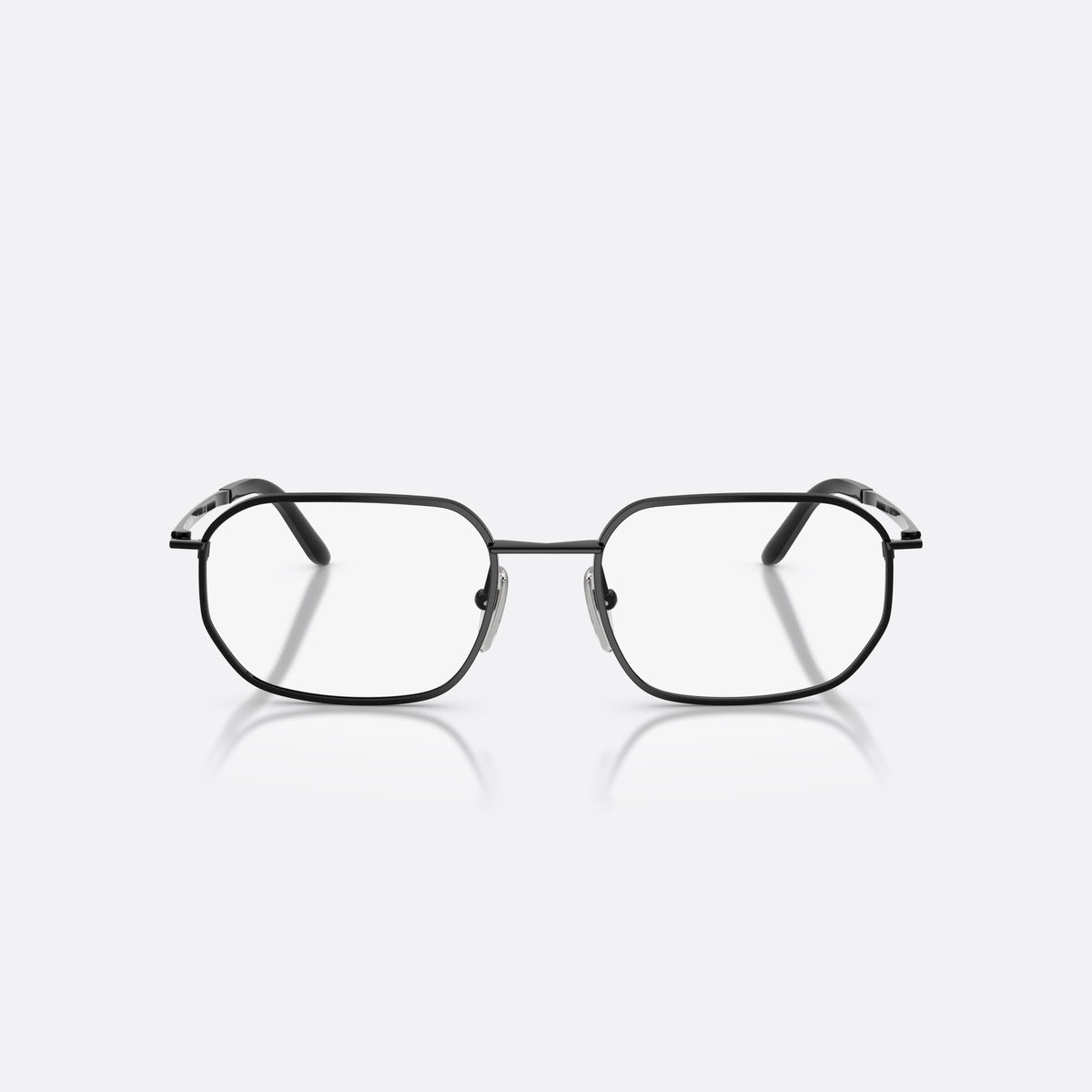 Prada PR D51V 1AB1O1 eyeglasses, black irregular frame for men, double bridge with metal connector, slim flat temples, front view
