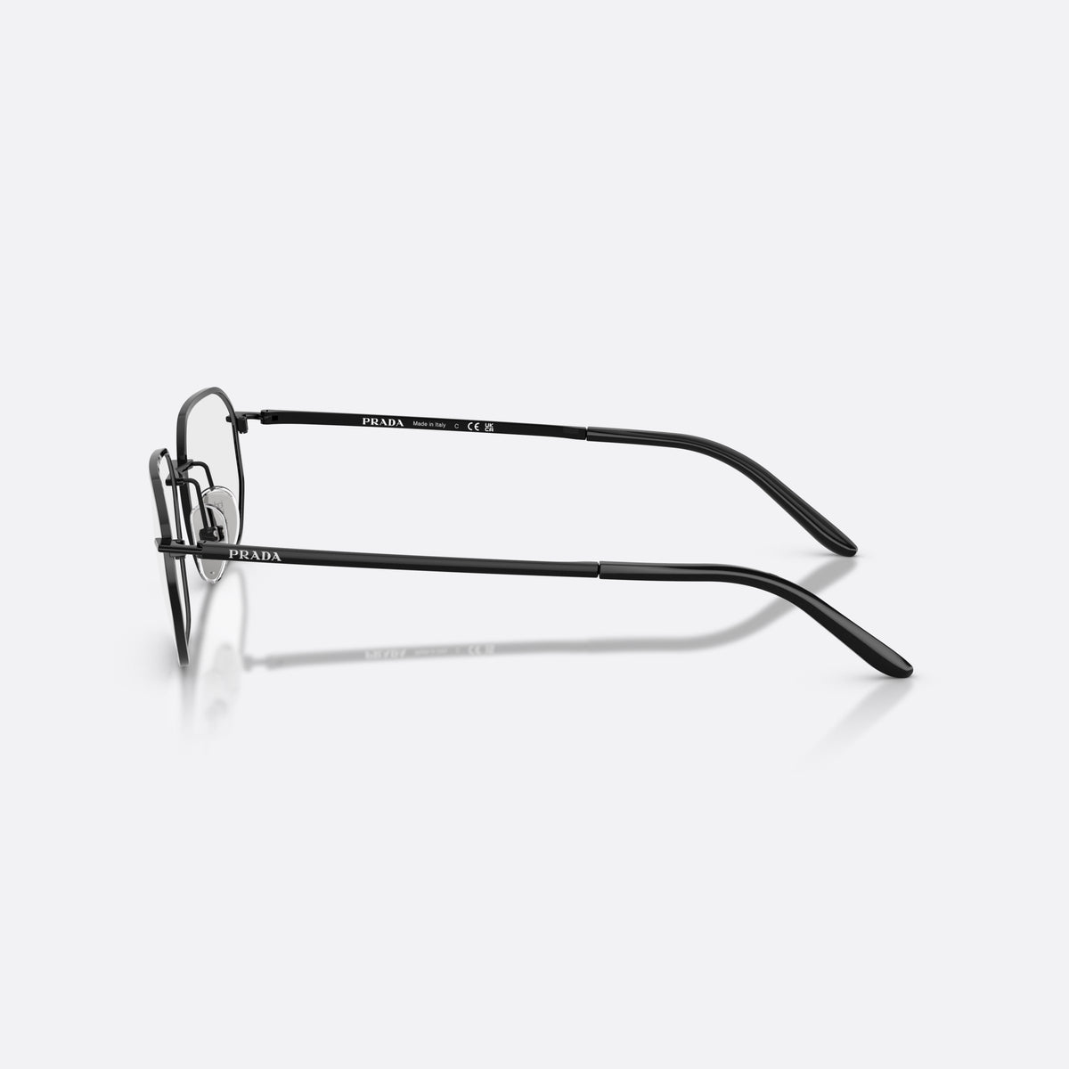 Prada PR D51V 1AB1O1 eyeglasses, black irregular frame for men, double bridge with metal connector, slim flat temples, side view