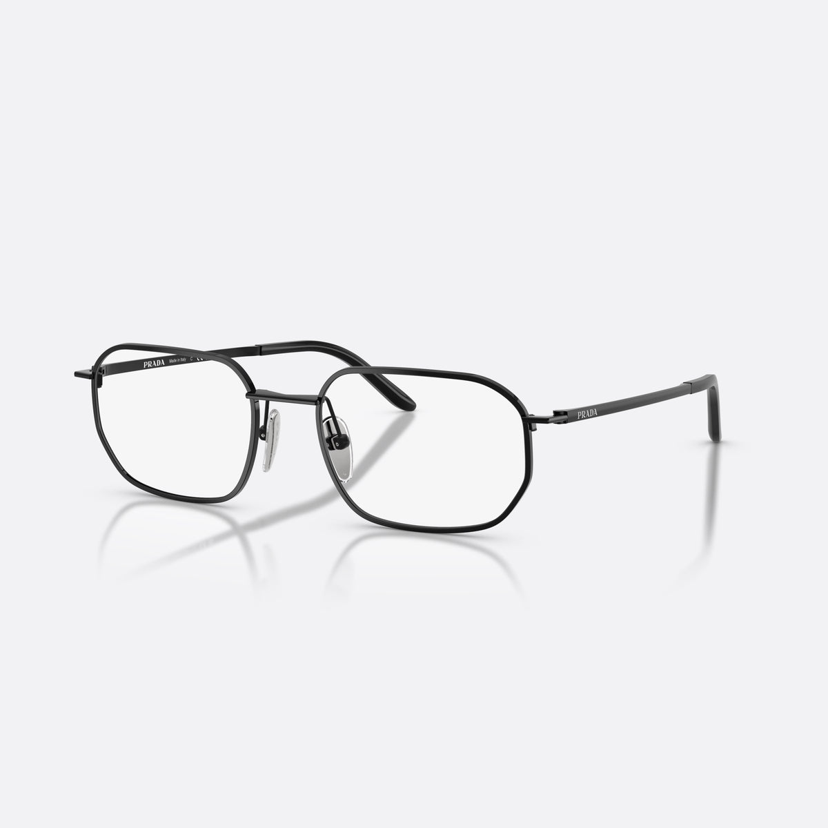 Prada PR D51V 1AB1O1 eyeglasses, black irregular frame for men, double bridge with metal bar, brand lettering on temples