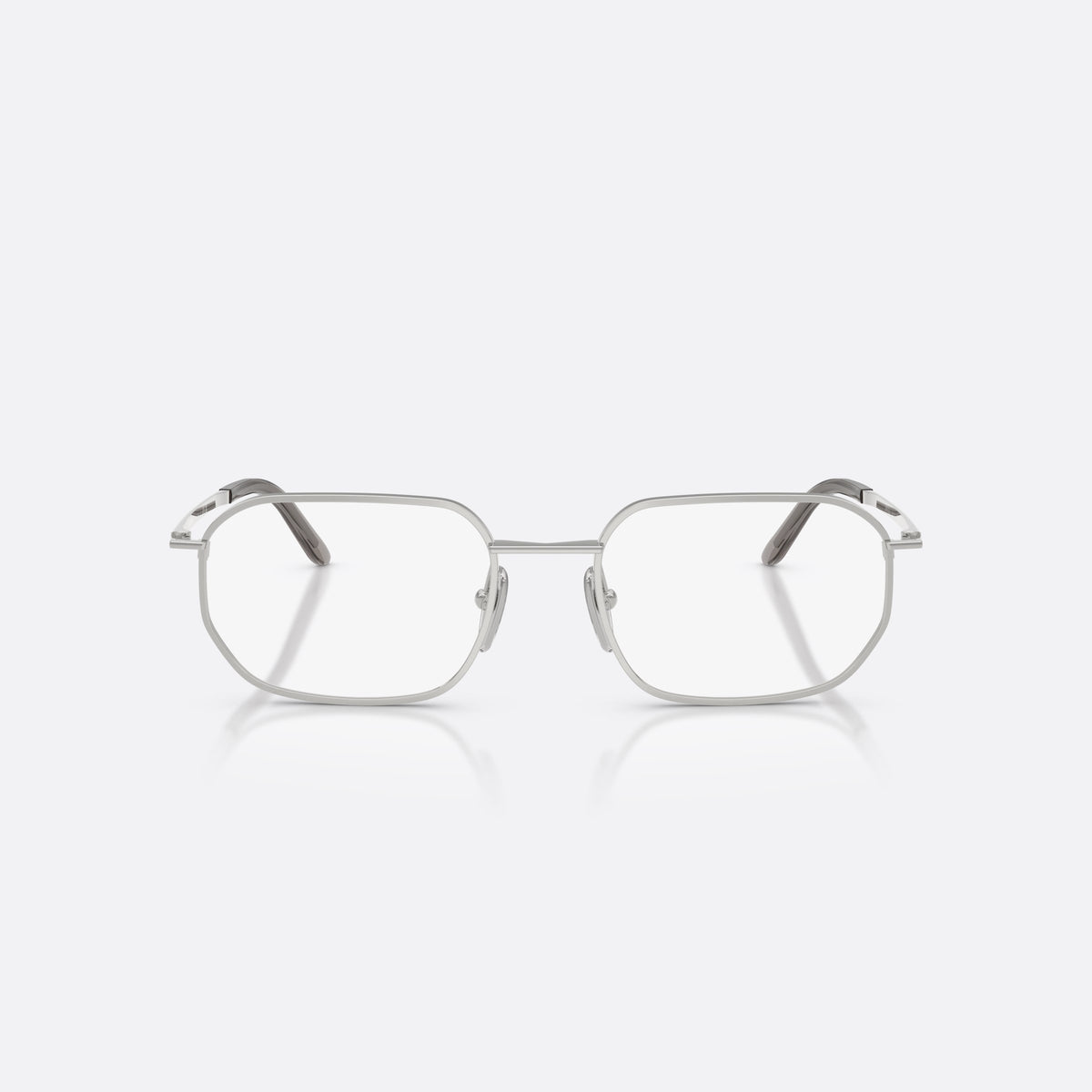 Prada PR D51V 1BC1O1 eyeglasses, silver irregular frame for men, plain metal bridge, brand lettering on temples, front view