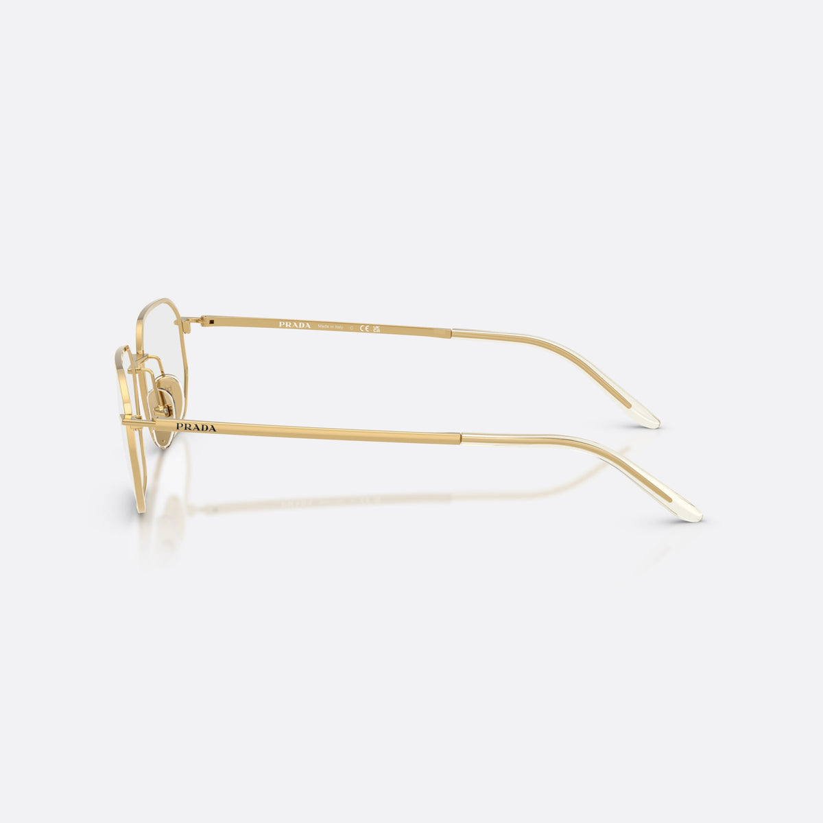 Prada PR D51V 5AK1O1 eyeglasses, gold irregular frame for men, plain metal bridge, brand lettering on temples, side view