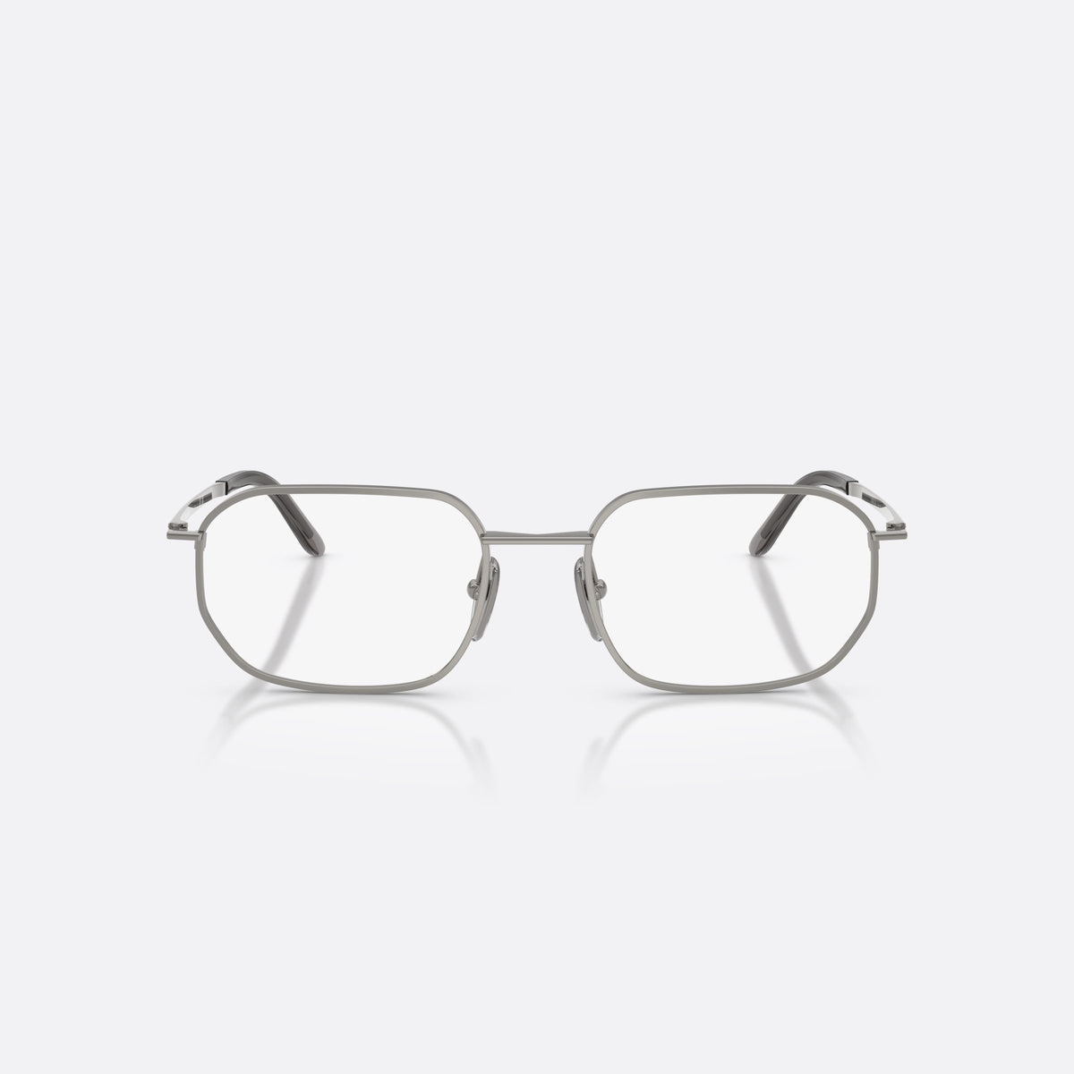 Prada PR D51V 5AV1O1 eyeglasses, grey irregular frame for men, plain metal bridge, brand lettering on temples, front view