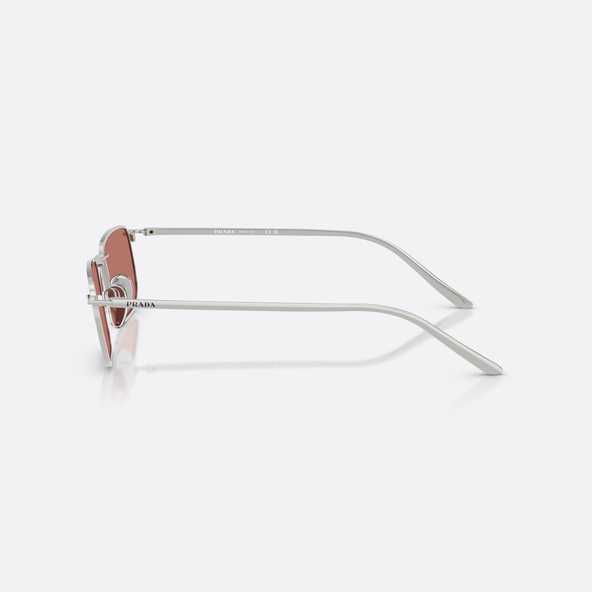 Prada PR D52S 1BC80W sunglasses, silver pillow frame for men, double bridge with metal connector, slim straight temples, side view