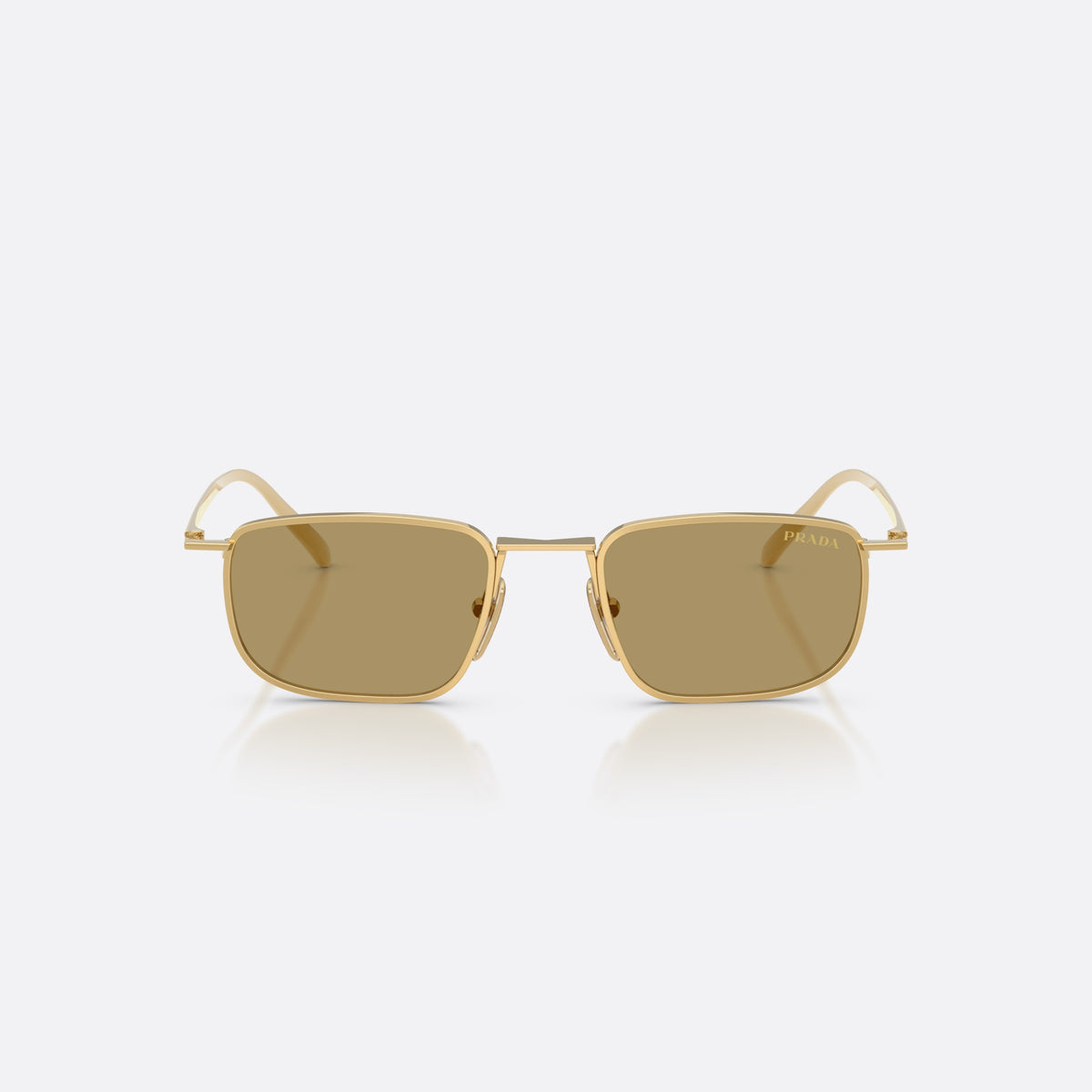 Prada PR D52S 5AK70G sunglasses, gold pillow frame for men, plain metal bridge, brand lettering on temples, front view