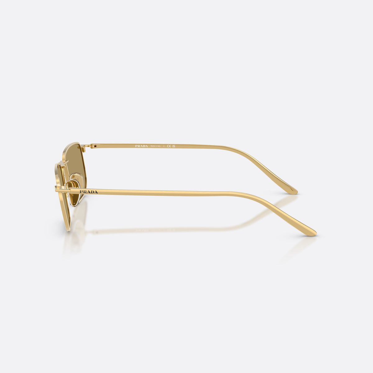 Prada PR D52S 5AK70G sunglasses, gold pillow frame for men, plain metal bridge, brand lettering on temples, side view