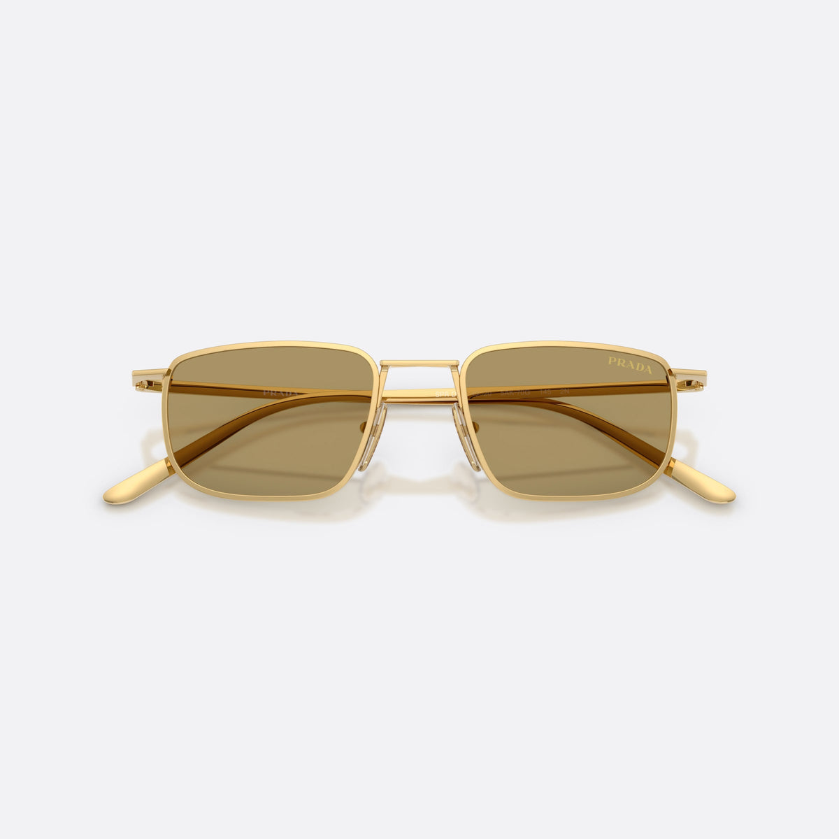 Prada PR D52S 5AK70G sunglasses, gold pillow frame for men, plain metal bridge, brand lettering on temples, folded