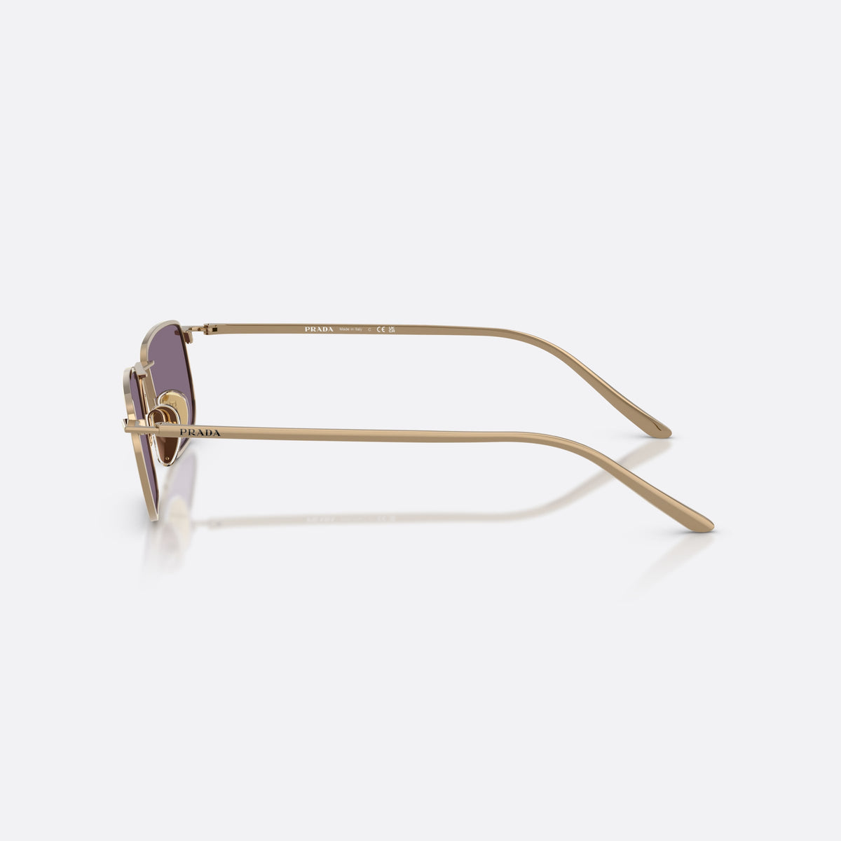 Prada PR D52S 7OE70W sunglasses, brown pillow frame for men, plain metal bridge, brand lettering on temples, side view