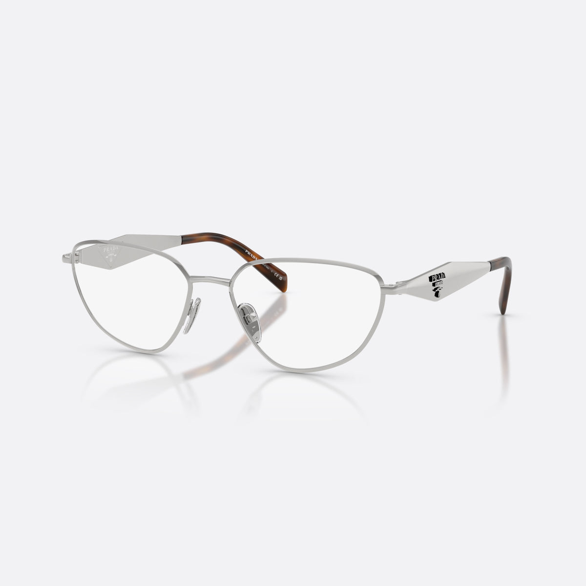 Prada PR D52V 1BC1O1 eyeglasses, silver irregular frame for women, thin metal bridge, brand logo on temples