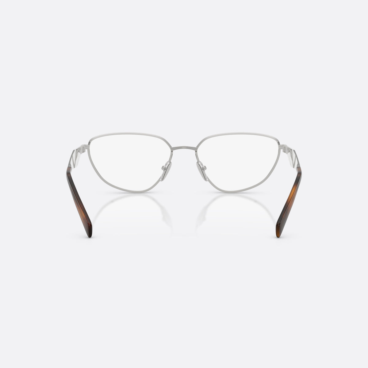 Prada PR D52V 1BC1O1 eyeglasses, silver irregular frame for women, thin metal bridge, brand logo on temples, back view