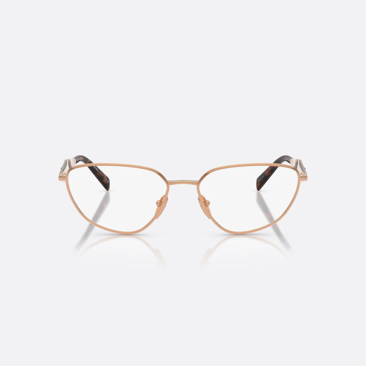 Prada PR D52V 22L1O1 eyeglasses, gold irregular frame for women, plain metal bridge, brand logo on temples, front view