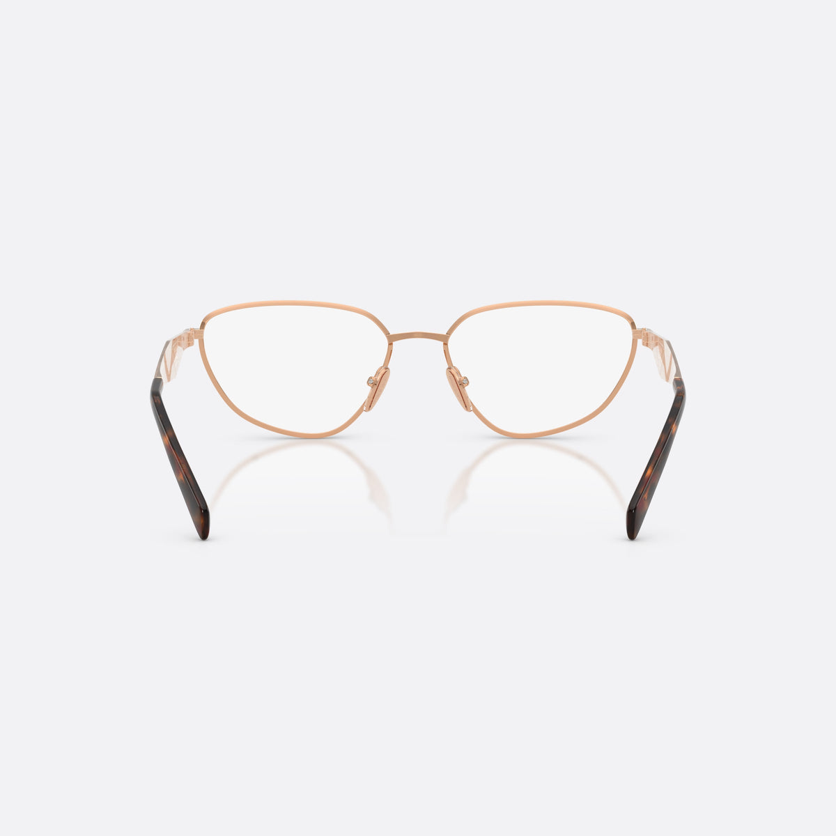 Prada PR D52V 22L1O1 eyeglasses, gold irregular frame for women, plain metal bridge, brand logo on temples, back view