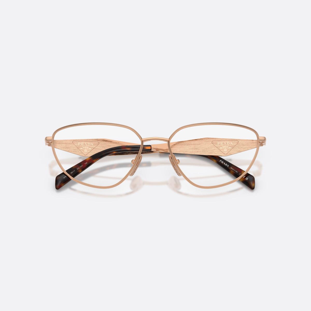 Prada PR D52V 22L1O1 eyeglasses, gold irregular frame for women, plain metal bridge, brand logo on temples, folded