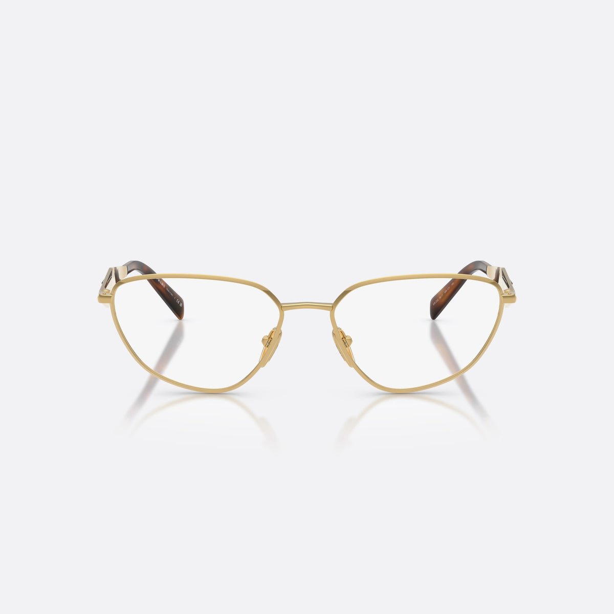Prada PR D52V 5AK1O1 eyeglasses, gold irregular frame for women, plain metal bridge, brand logo on temples, front view