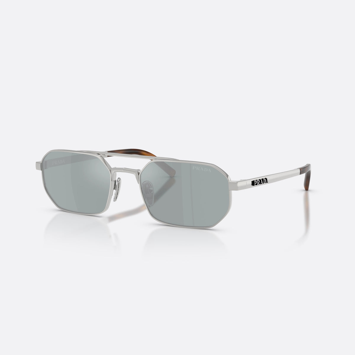 Prada PR D53S 1BC40X sunglasses, silver irregular frame for men, double bridge with top bar, brand lettering on temples