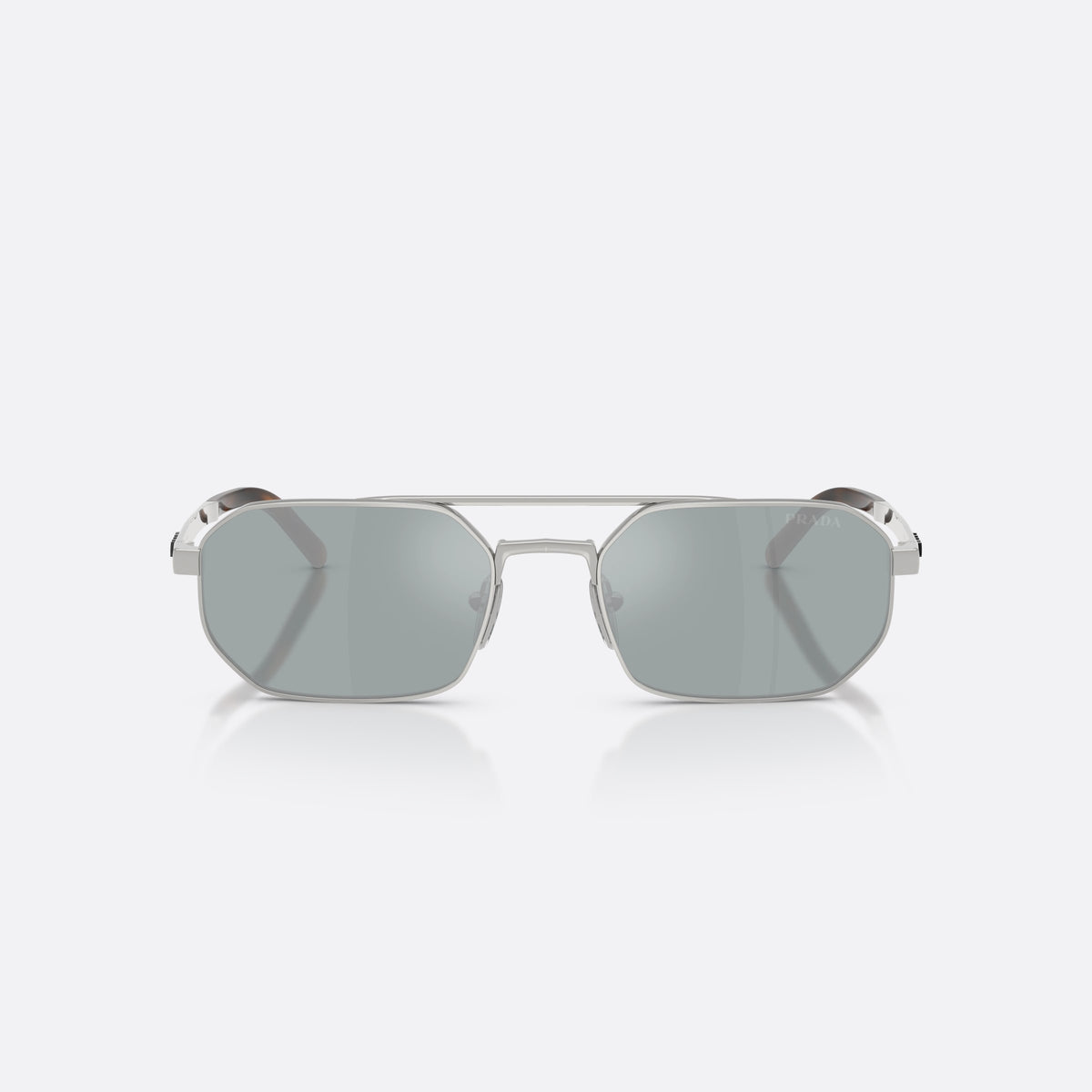 Prada PR D53S 1BC40X sunglasses, silver irregular frame for men, double bridge with top bar, brand lettering on temples, front view
