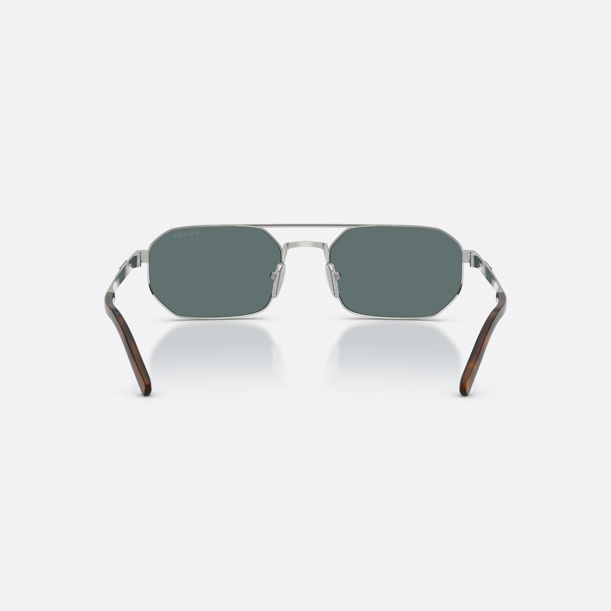 Prada PR D53S 1BC40X sunglasses, silver irregular frame for men, double bridge with top bar, brand lettering on temples, back view