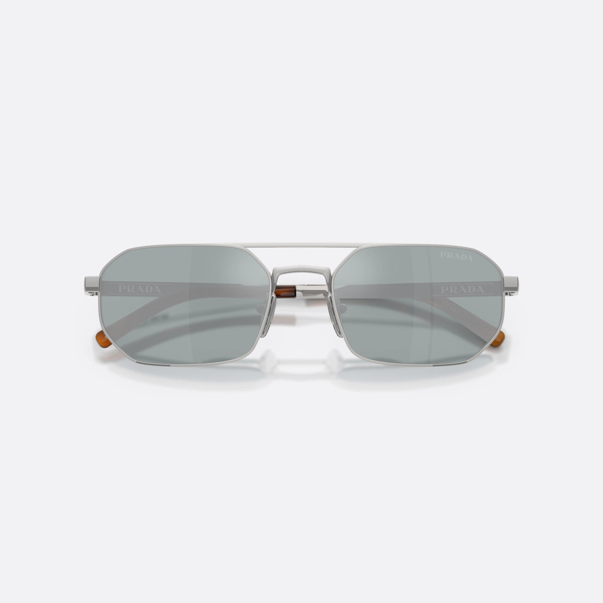 Prada PR D53S 1BC40X sunglasses, silver irregular frame for men, double bridge with top bar, brand lettering on temples, folded