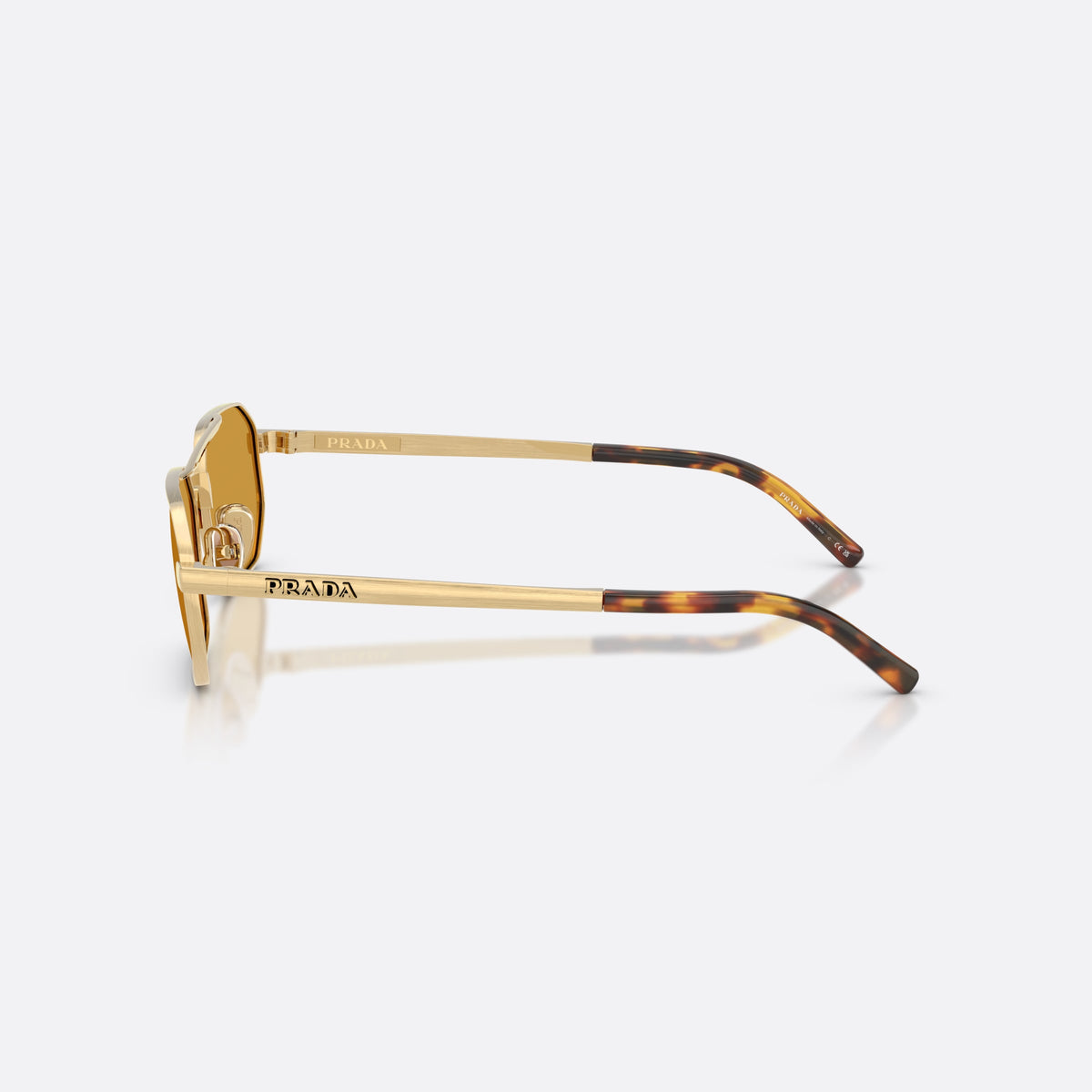 Prada PR D53S 24J50P sunglasses, gold irregular frame for men, double bridge with top bar, brand lettering on temples, side view