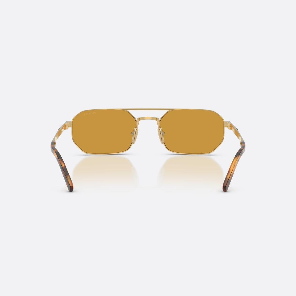 Prada PR D53S 24J50P sunglasses, gold irregular frame for men, double bridge with top bar, brand lettering on temples, back view