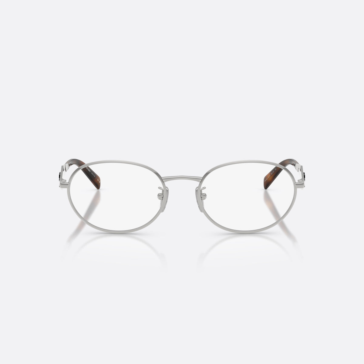 Prada PR D53VD 1BC1O1 eyeglasses, silver oval frame for women, plain metal bridge, brand logo plaque on temples, front view