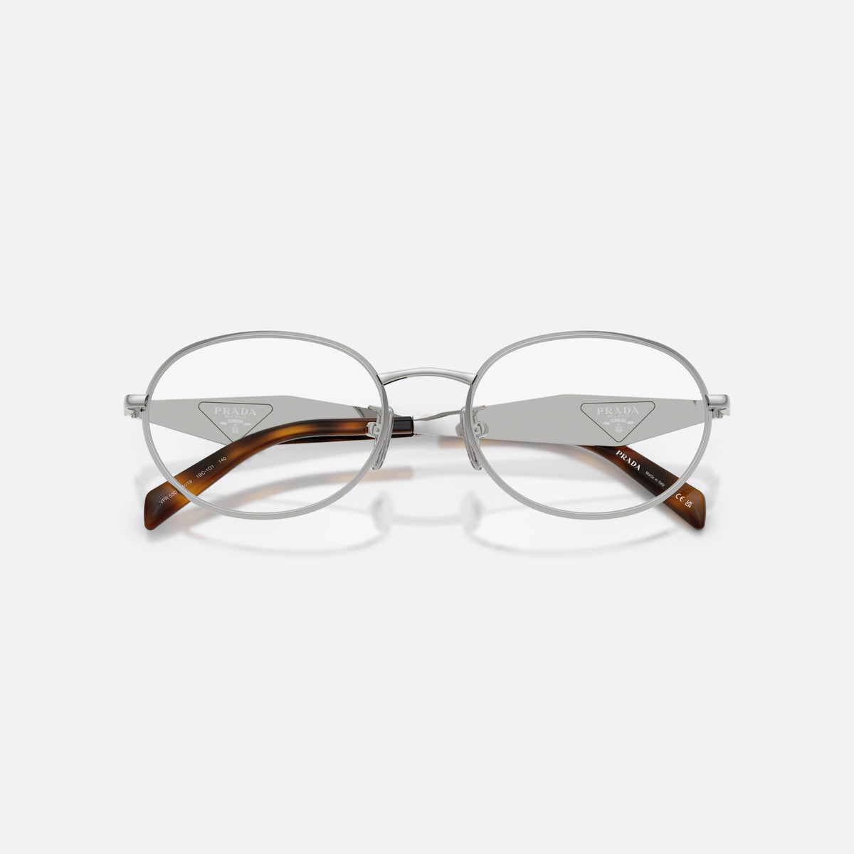 Prada PR D53VD 1BC1O1 eyeglasses, silver oval frame for women, plain metal bridge, brand logo plaque on temples, folded
