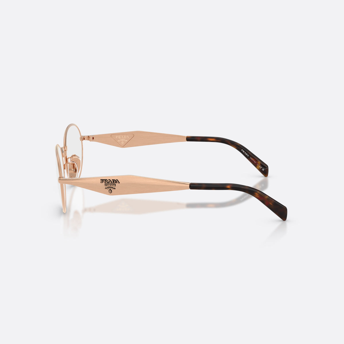 Rame ochelari de vedere Prada PR D53VD 22L1O1, ovali auriu, pentru femei, punte metalică simplă, literele brandului pe brațe, vedere laterală