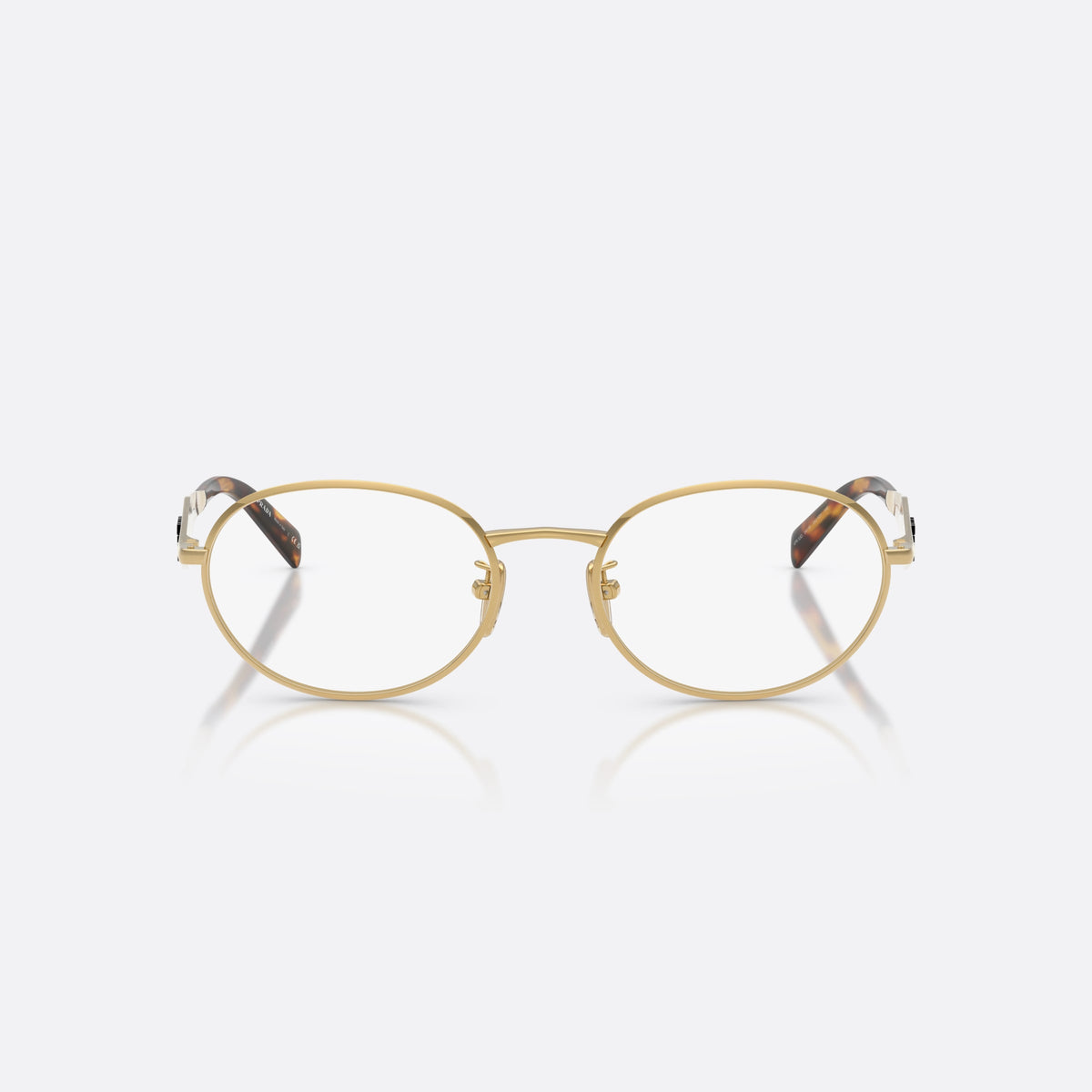 Prada PR D53VD 24J1O1 eyeglasses, gold oval frame for women, plain metal bridge, triangular plaque on temple, front view